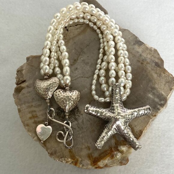 Sterling Silver 925 Layered Triple Strand Freshwater Pearl Starfish Necklace - Picture 5 of 16
